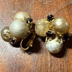 Gold-Tone Cluster Pearl Clip-On Earrings with Black Stone Accents